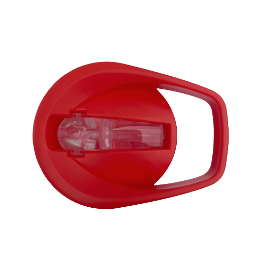 Birds eye view of red coloured drink bottle lid and sipper.