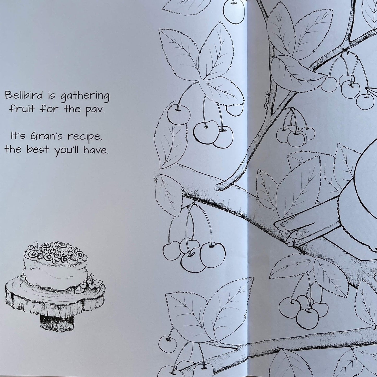 Page from Childrens book Kererus BBQ colouring edition.