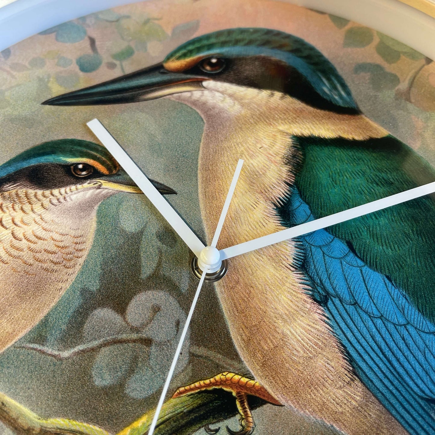 Wooden framed clock with pair of Kingfisher birds pictured on the face.