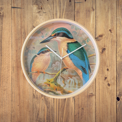 Wooden framed clock with pair of Kingfisher birds pictured on the face.