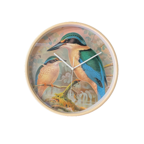 Wooden framed clock with pair of Kingfisher birds pictured on the face.