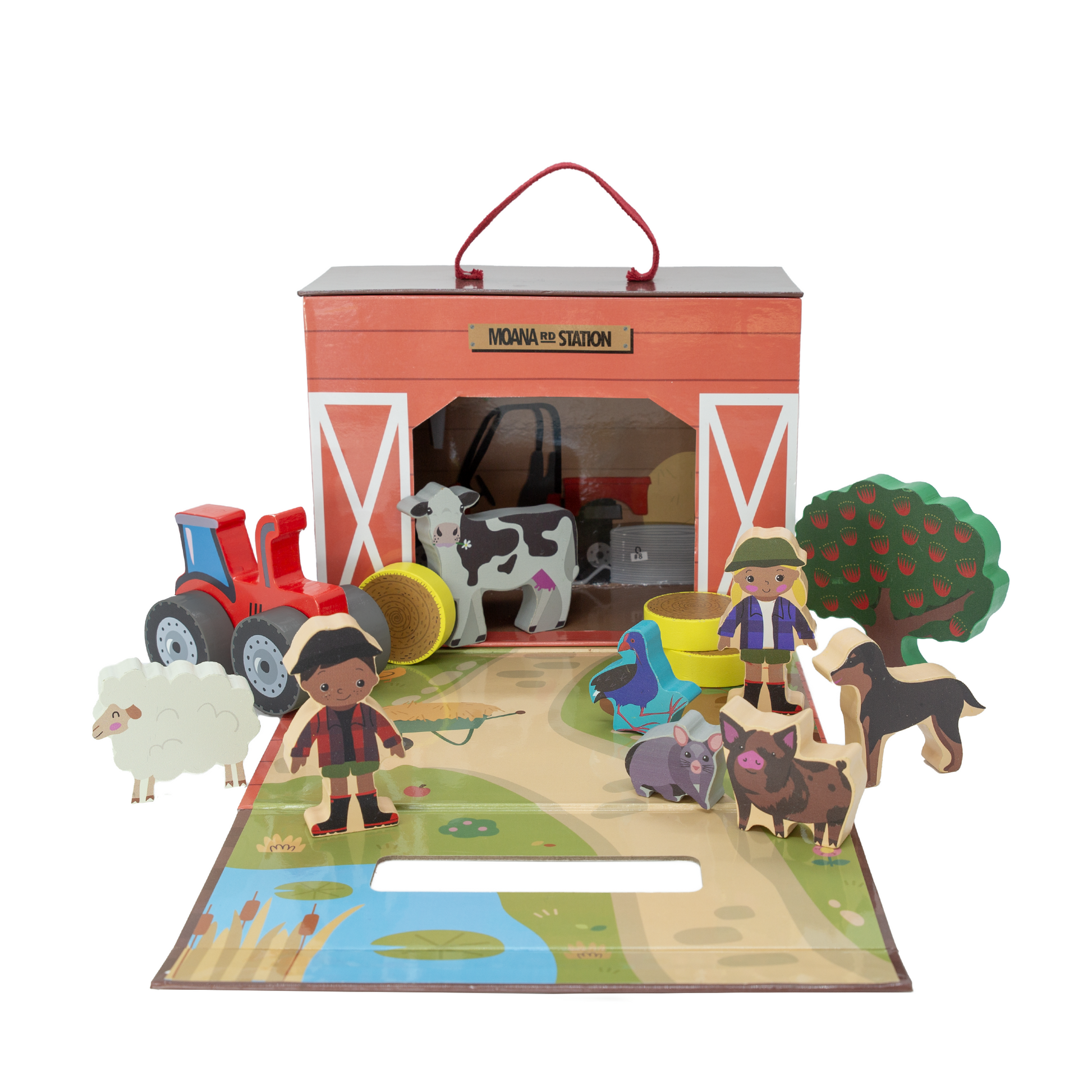 Toy farm set with figures, animals, and a barn on a white background