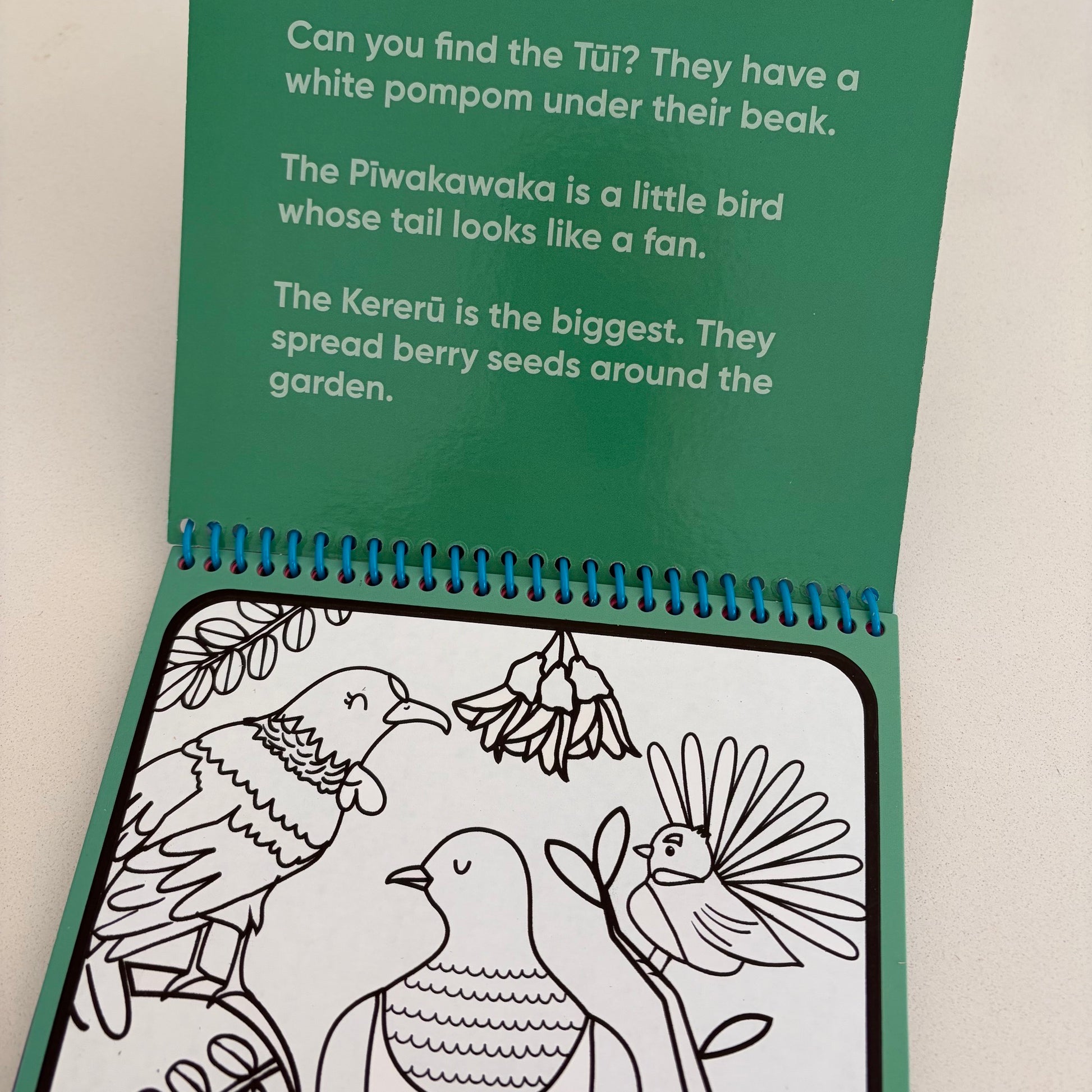 An open children's coloring book or activity booklet with a green cover page showing bird-related text and a black-and-white Kererū bird illustration on the inside cover.