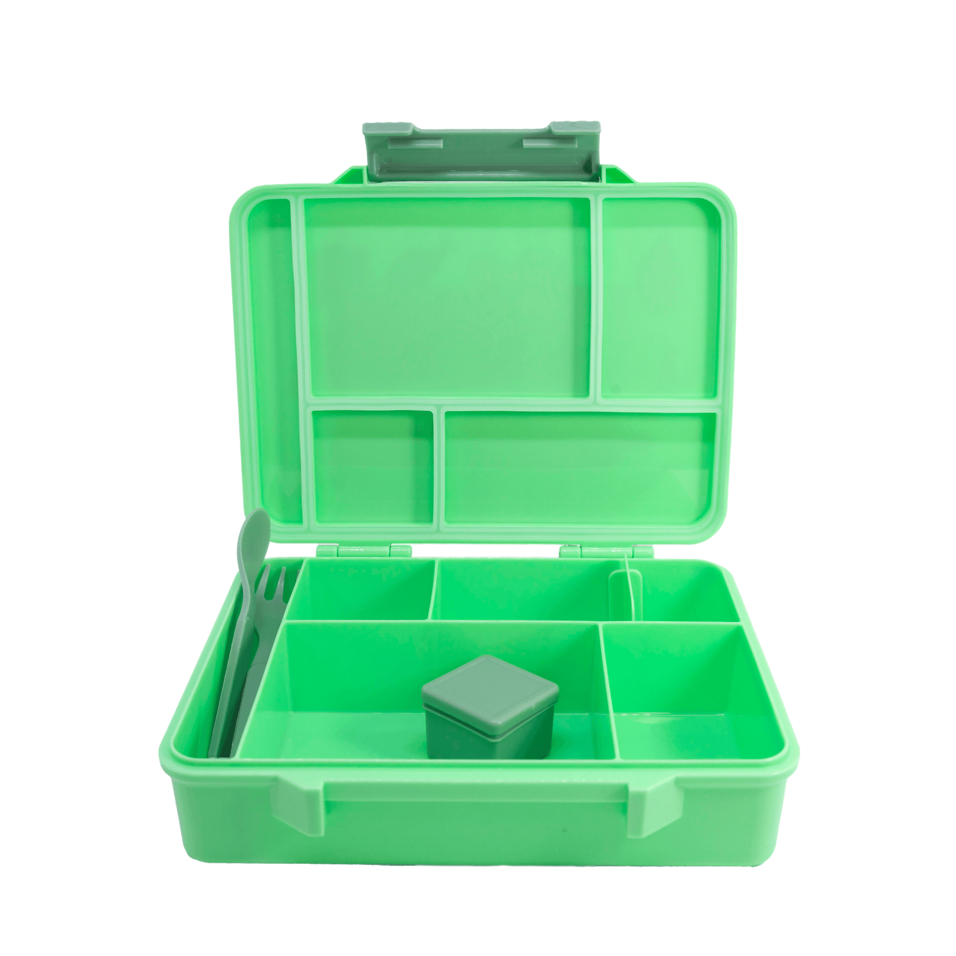 Kids minty green bento style lunch box showing the inside compartments and cutlery accessories.