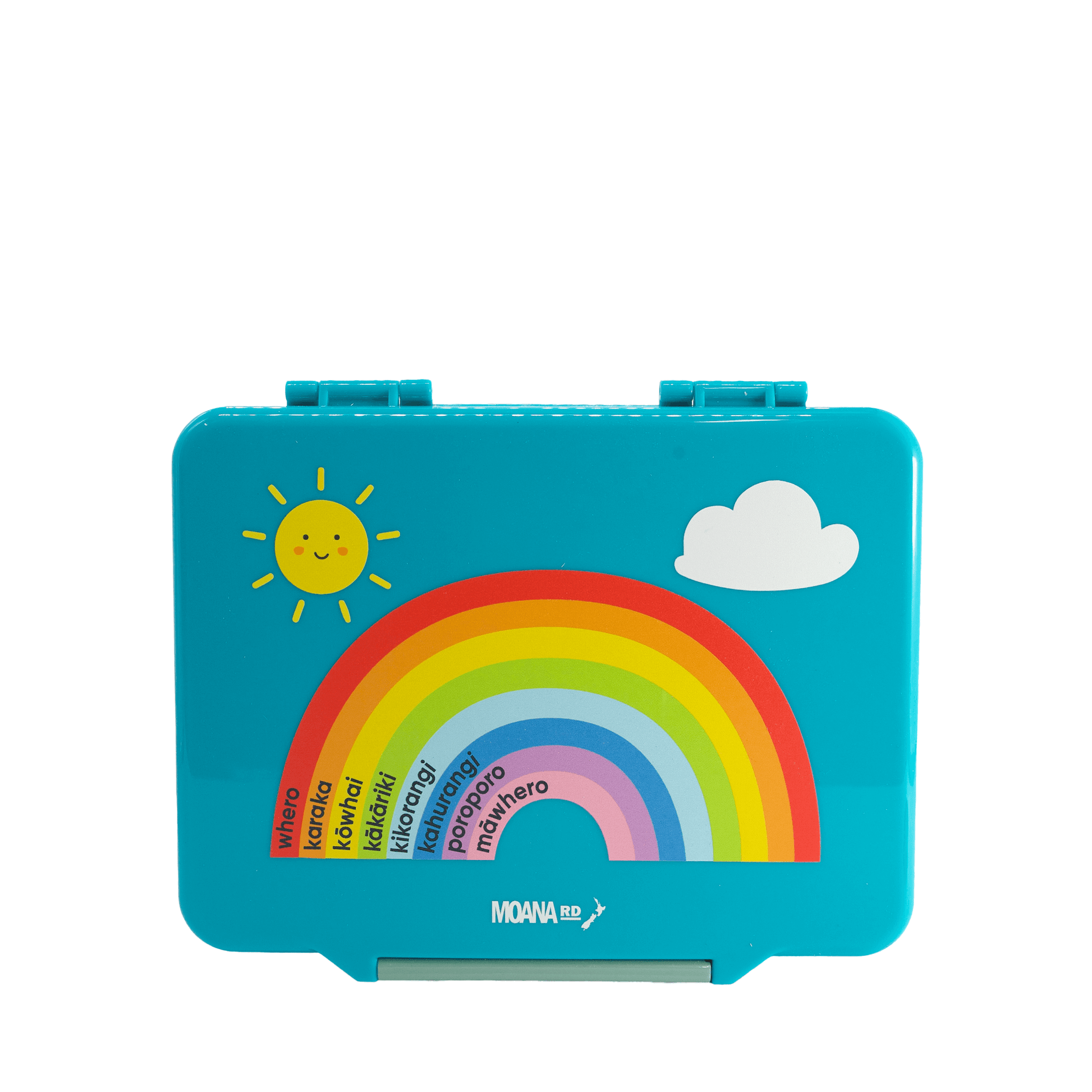 Bright blue kids lunch box with rainbow decal and te reo maori written in black in each colour section of the rainbow.