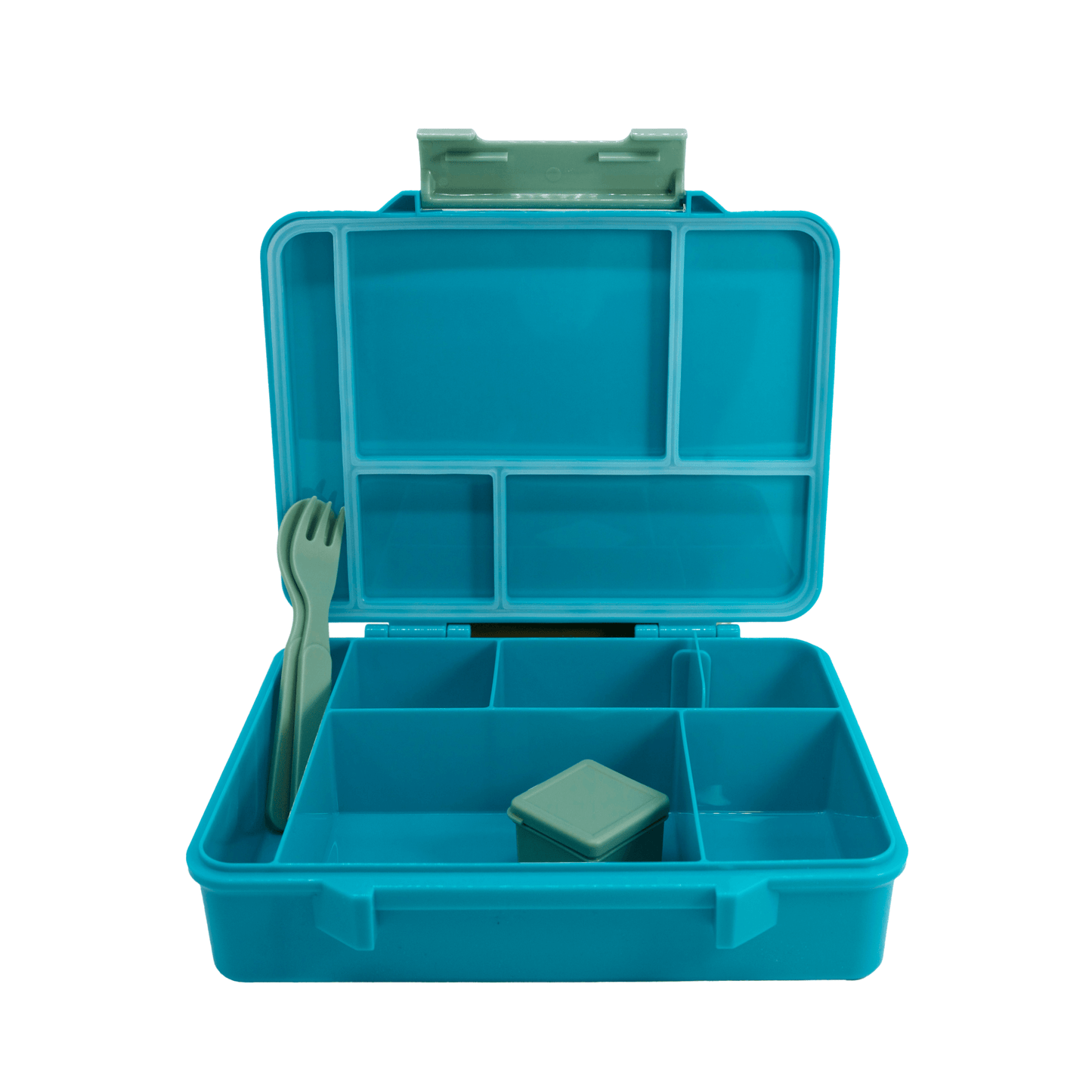 Kids bright blue bento style lunch box showing the inside compartments and cutlery accessories.