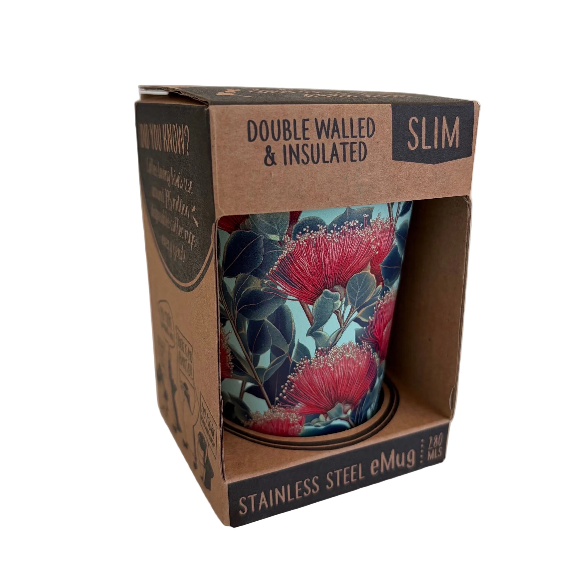 A stainless steel insulated eMug in its original brown cardboard packaging, featuring a floral design with red pohutukawa flowers on a dark teal background.