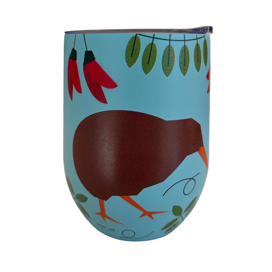 A light blue insulated tumbler with a brown kiwi bird illustration, red kaka flowers, green leaves, and orange accents.