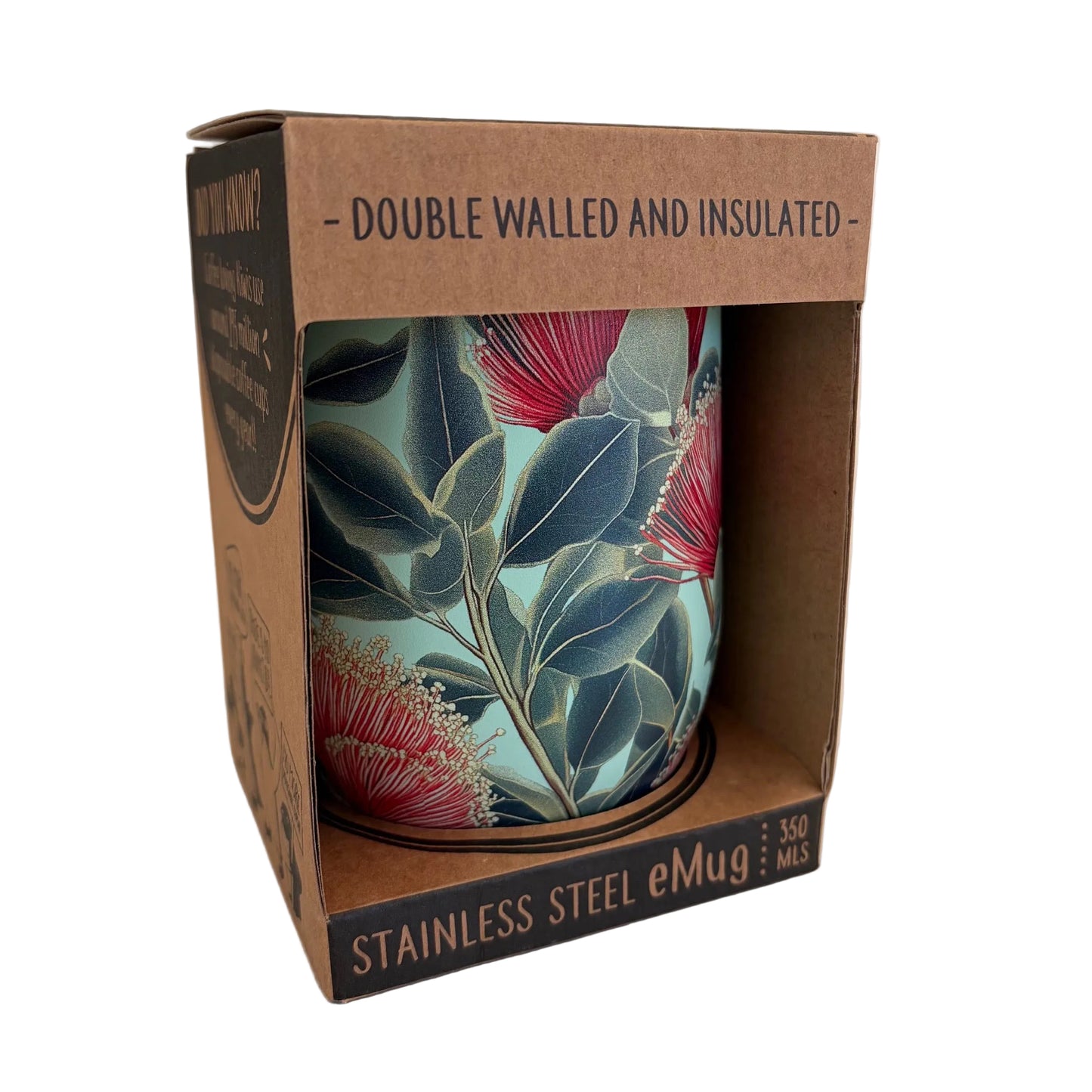 A stainless steel eMug with a botanical print of blue-green leaves and red pohutukawa flowers, shown inside its brown cardboard packaging.