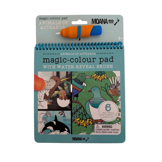 Moana Red 'Animals of Aotearoa' magic colour pad with water-reveal brush, featuring a blue and orange pen tool on its retail backing card.