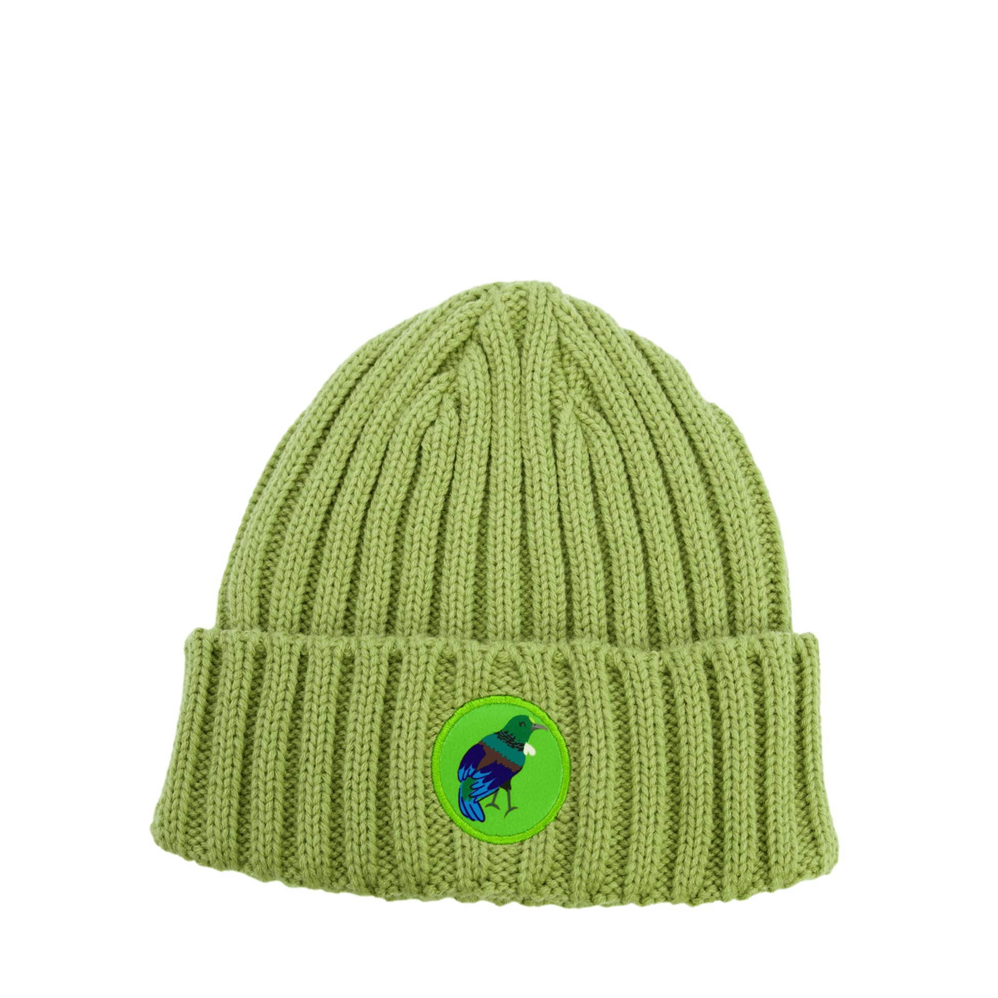 Green knit kids beanie with Tui bird emblem.