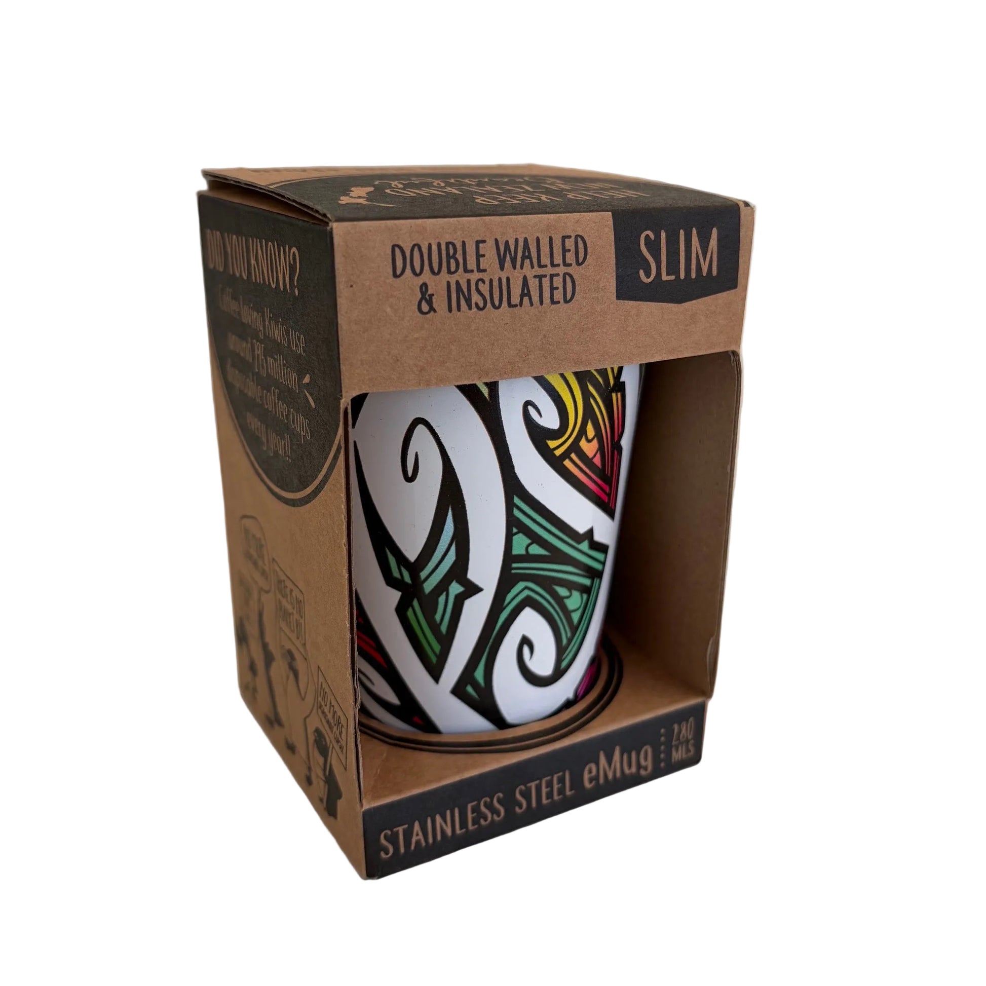 A stainless steel insulated eMug in its original brown cardboard packaging. The mug features a white base with a colourful, stylized Māori pattern in green, red, yellow, and black.