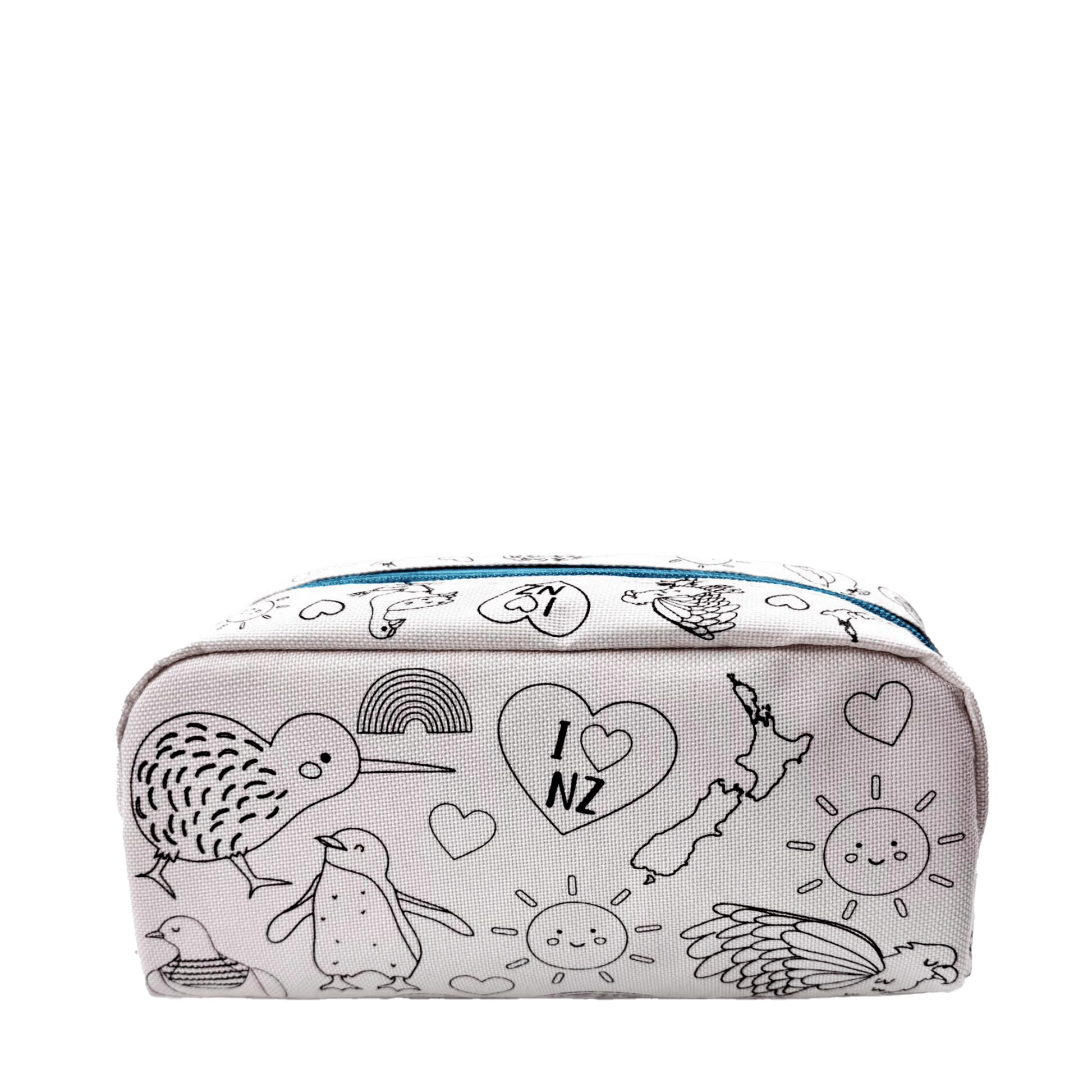 White pencil case with a blue zip and black outlines of New Zealand birds and other icons.