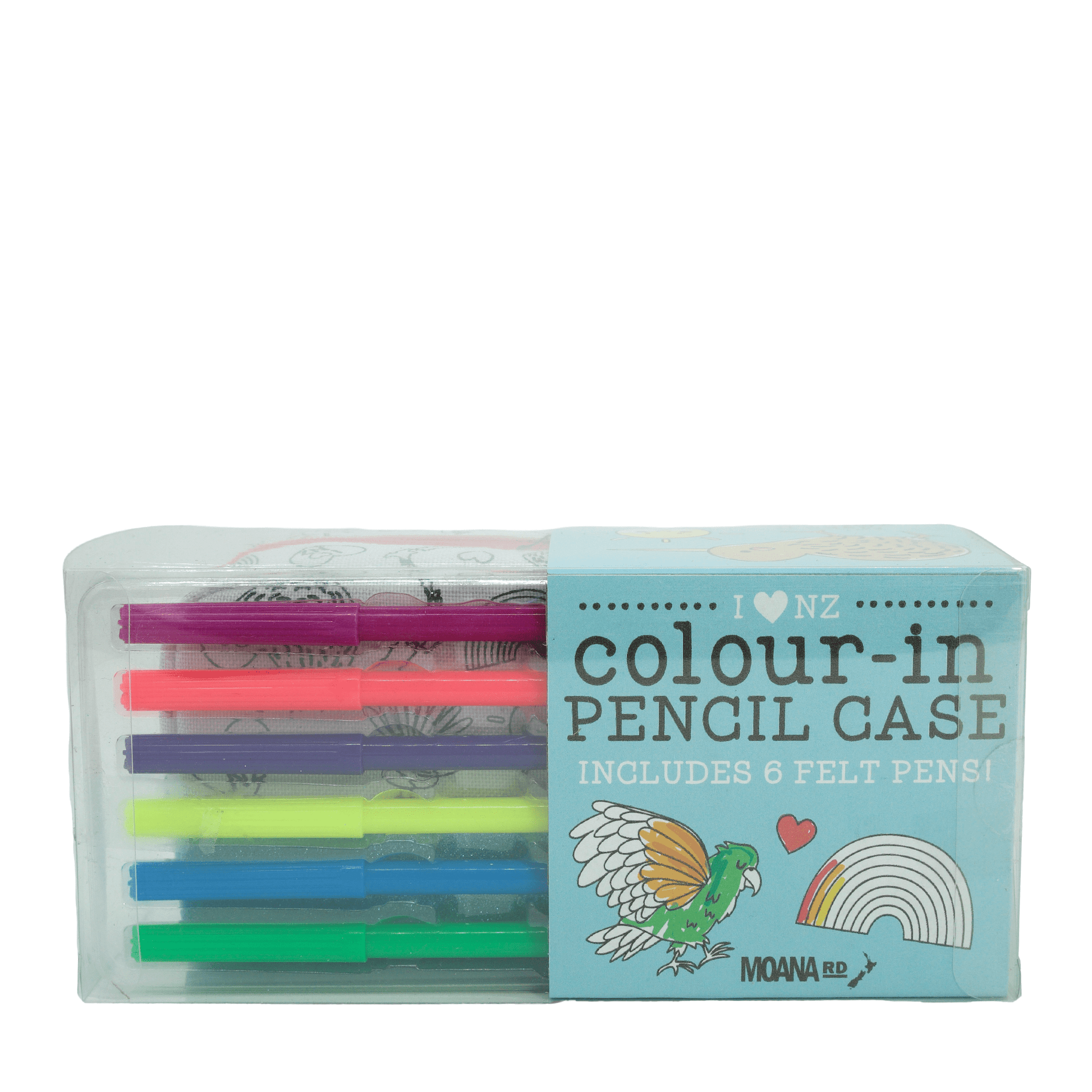 Clear plastic box containing colour in pencil case and 6 coloured felt tip pens.