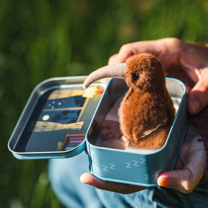 A small brown kiwi bird plush toy with a long curved beak sits inside an open light blue tin. A person's hands are holding the tin outdoors on a grassy background.