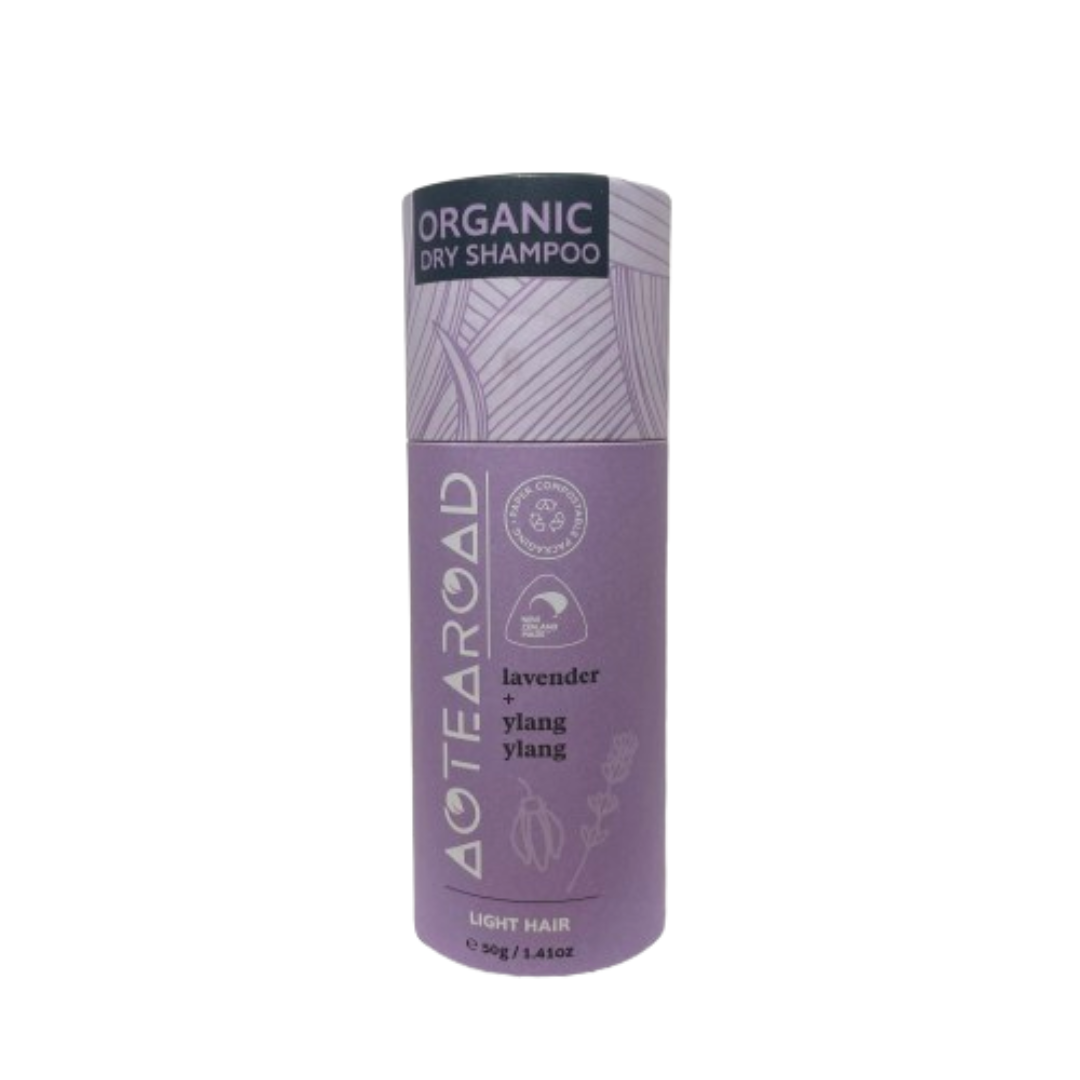 Organic dry shampoo for light hair in a cardboard tube from Aotearoad.