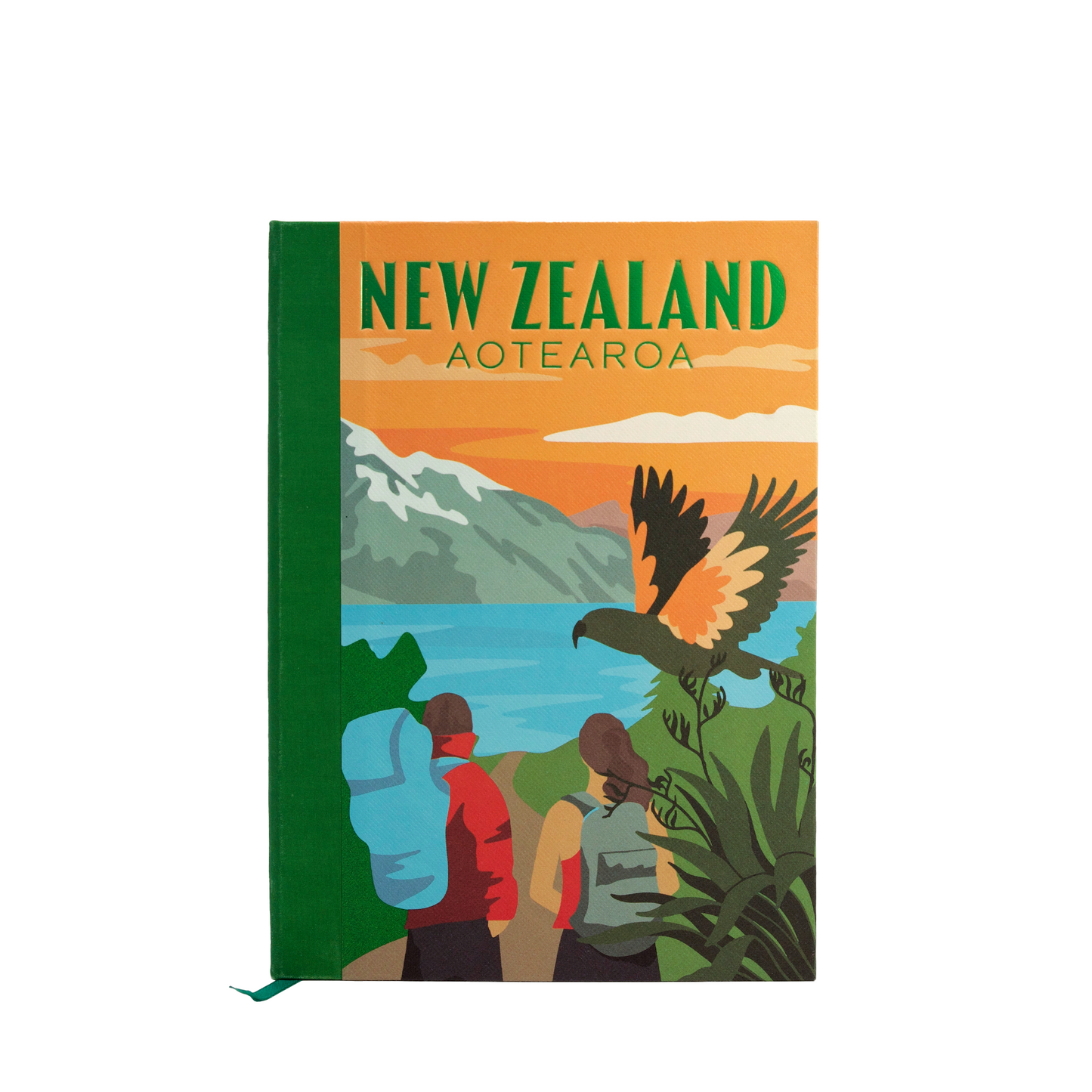 A hardcover notebook featuring a colorful New Zealand travel-style illustration on the cover, with the text 'NEW ZEALAND AOTEAROA' at the top and a green spine band.