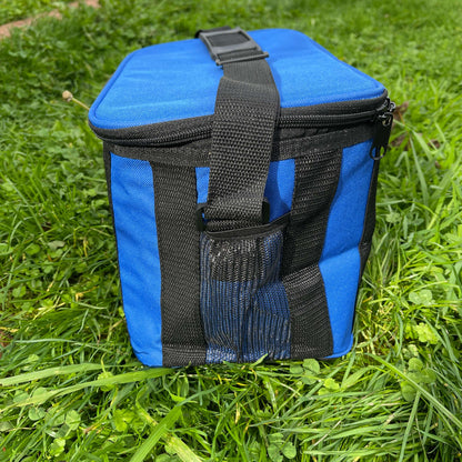 Side view of blue cooler bag.