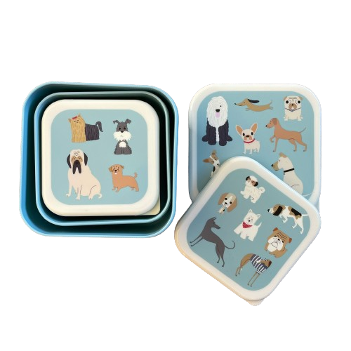 Trio of blue stacking snack boxes with fun cartoon dogs printed on the lids.