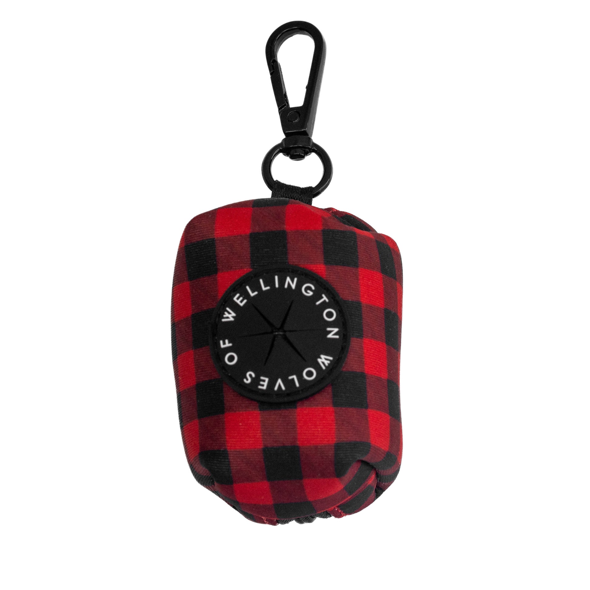 Neoprene dog poop bag pouch in red and black check pattern.