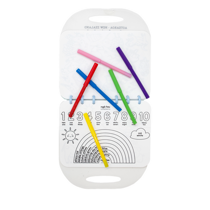Colorful marker pens with black and white page featuring te reo Maori numbers with a rainbow outline below.