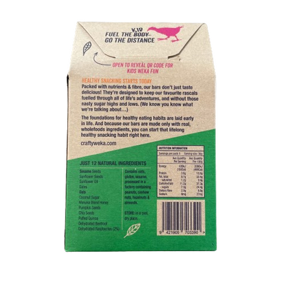 Back of a cardboard pouch of berrylicious muesli bars from Crafty Weka featuring ingredients and nutritional information.