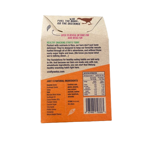 Back of a cardboard pouch of chocolicious muesli bars from Crafty Weka featuring the ingredients and nutritional information.