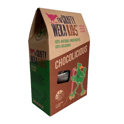 Cardboard pouch of chocolicious muesli bars from Crafty Weka.