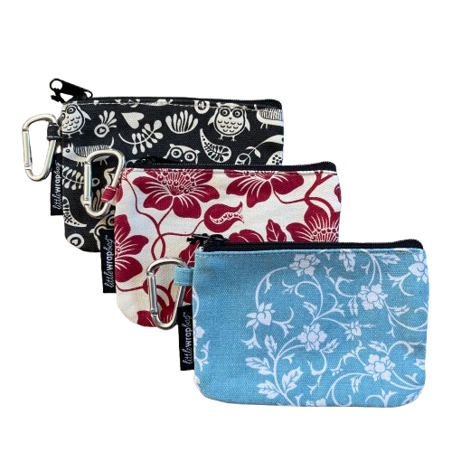 Set of 3 purses in black, blue and red floral prints with carabiners.