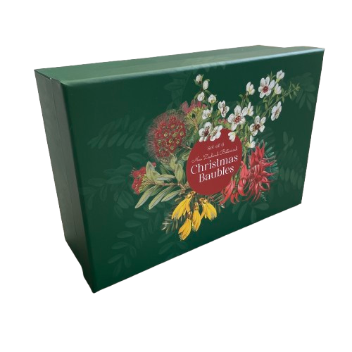 Dark green rectangle box. On the lid is a spray of native NZ flowers with the words Set of 6 New Zealand Botanical Christmas Baubles. 