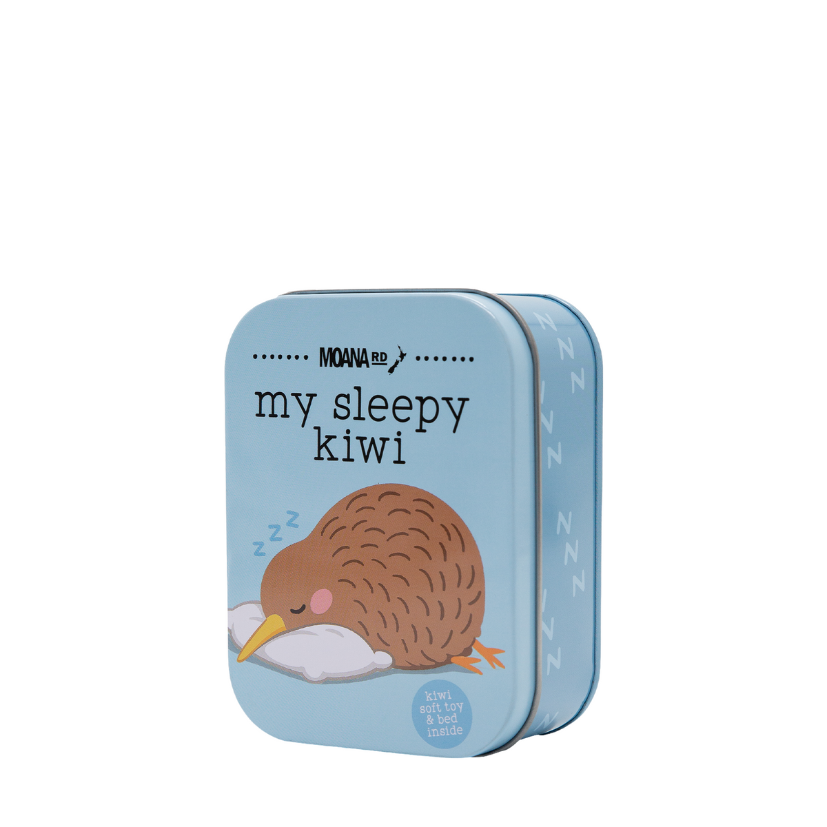 A small rectangular metal tin with rounded corners, shown on a plain white background. The tin is light blue and features the text 'MOANA RD my sleepy kiwi' above a cartoon kiwi bird sleeping on a pillow with 'Z Z Z' marks.
