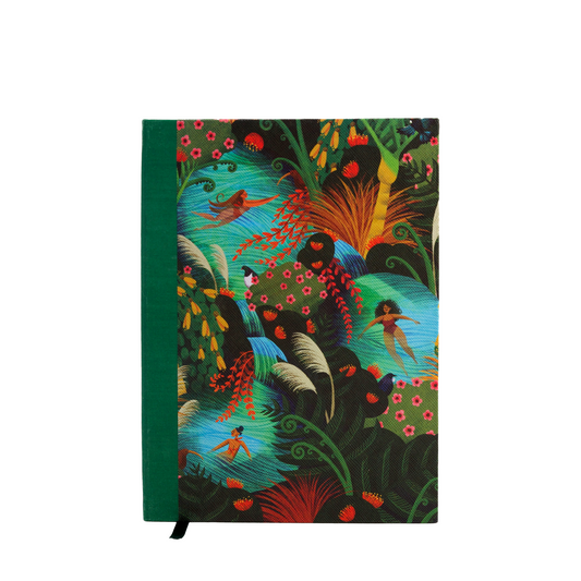 A hardcover notebook with a dark green spine and cover featuring a vibrant, detailed tropical jungle illustration with female figures, birds, and plants, shown on a plain white background.
