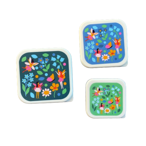 Set of 3 snack boxes in shades of blue and green with a fairy garden print on each lid.