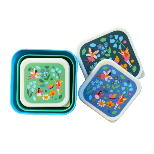 Set of 3 stacking snack boxes in shades of blue and green with a fairy garden print on each lid.