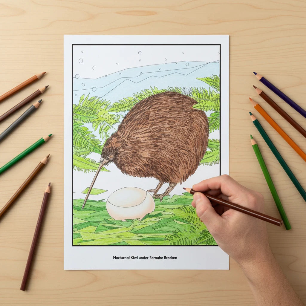 A coloring book page featuring a kiwi bird and egg illustration, shown on a light wood desk with colored pencils around it. A hand is holding a pencil, ready to color.