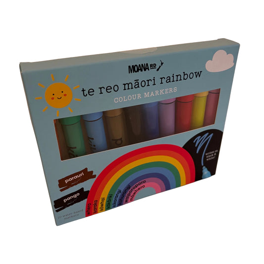 Moana RD Te Reo Máori Rainbow Colour Markers in a light blue box, showing a window with eight different coloured markers inside and a rainbow graphic on the front.