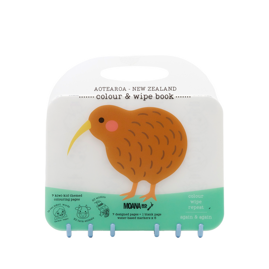 Colour and wipe book with a kiwi bird design on a white background