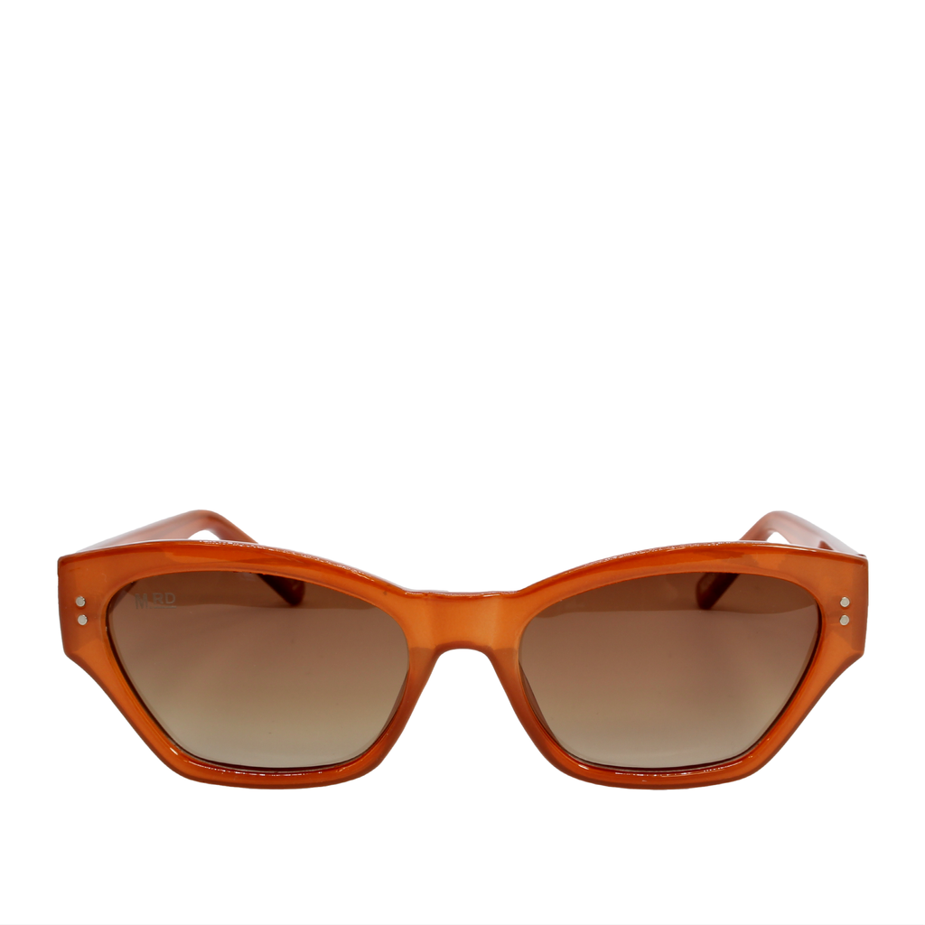 Burnt orange coloured plastic frame sunglasses with brown polarized lenses.