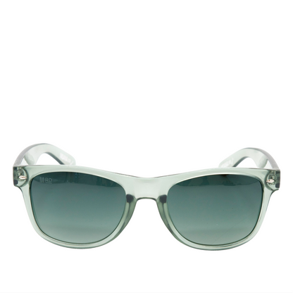 A pair of sunglasses with a translucent frame and dark gray gradient lenses, shown against a plain white background.