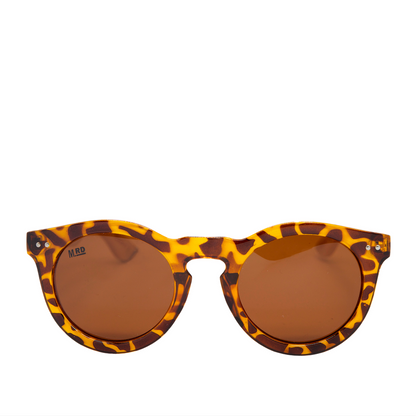 Sunglasses with brown tortoiseshell print frame and brown lenses on a white background