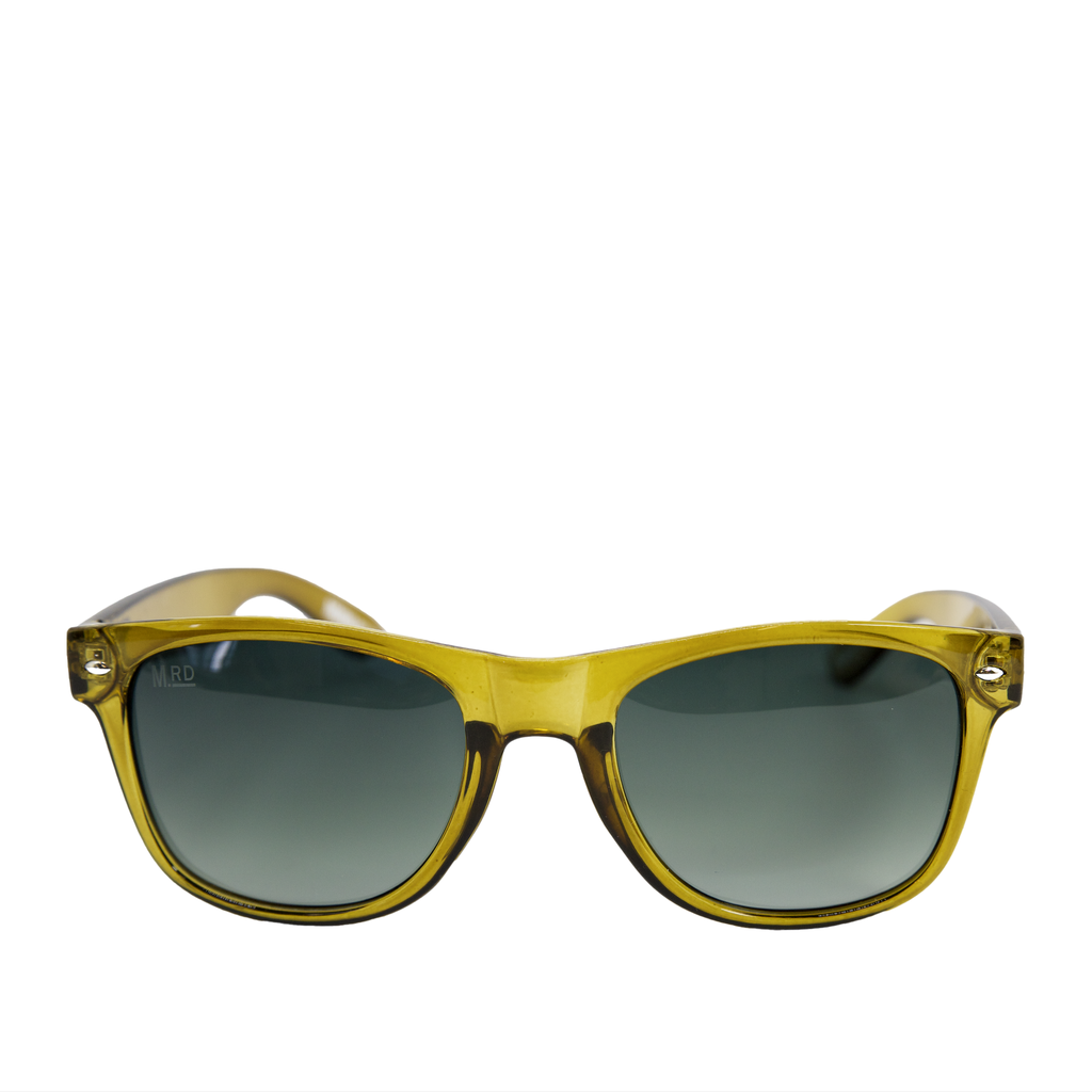 Olive green sunglasses with dark lenses on a white background