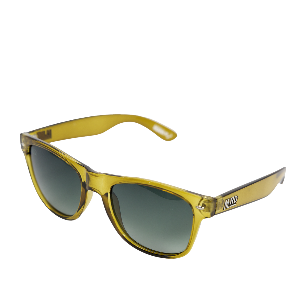Olive green sunglasses with dark lenses on a white background