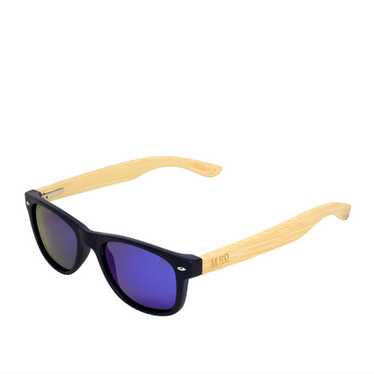 Wooden sunglasses with a black acetate front frame, natural bamboo temples, and blue mirrored lenses, shown on a plain white background.