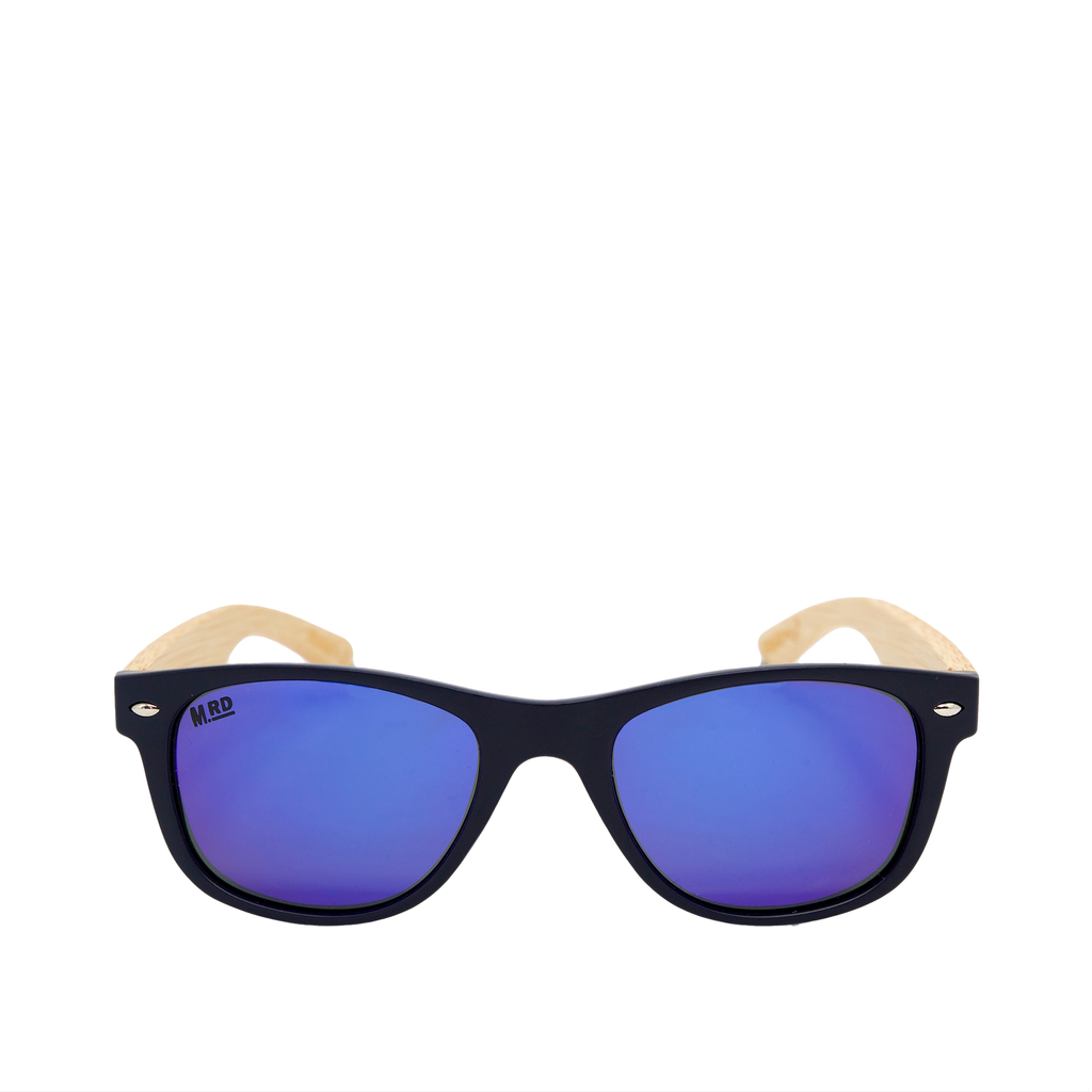 A pair of sunglasses with a matte black frame, light natural wood temples, and blue-purple mirrored lenses. The brand name 'MRD' is printed on the upper left corner of the lens.