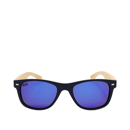 A pair of sunglasses with a matte black frame, light natural wood temples, and blue-purple mirrored lenses. The brand name 'MRD' is printed on the upper left corner of the lens.