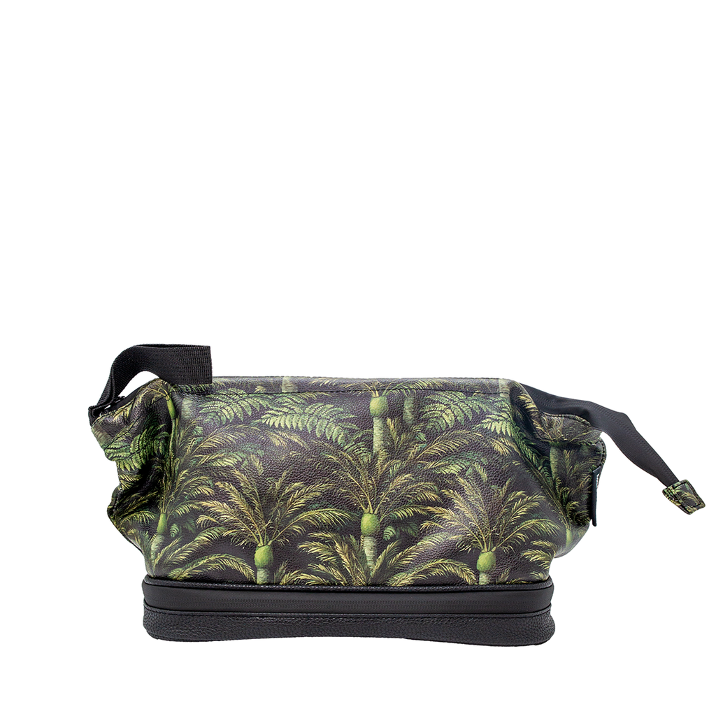 A rectangular zippered pouch with a black base and a tropical palm tree print in shades of green and black.