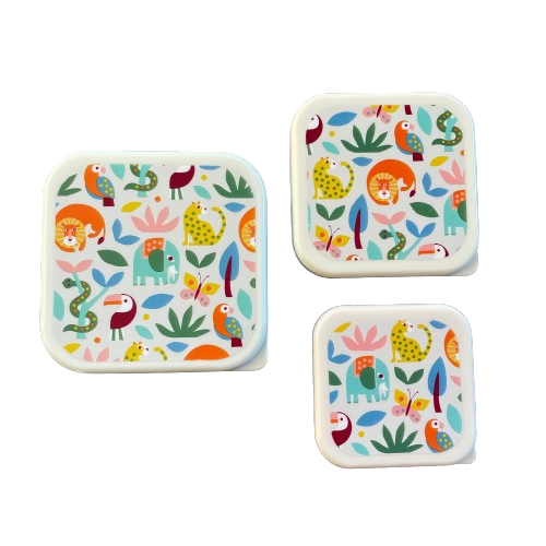 Trio of white snack box lids with bright jungle print theme.