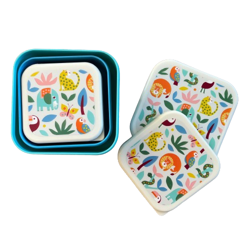 Trio of stacking snack boxes in shades of blue with a white lid and jungle print theme.