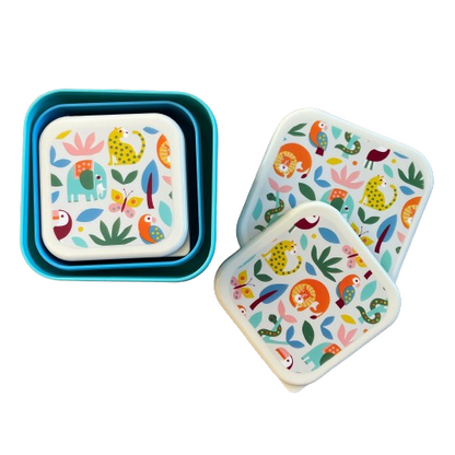 Trio of stacking snack boxes in shades of blue with a white lid and jungle print theme.