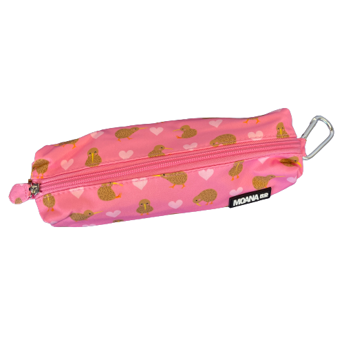 Pink pencil case with hearts and kiwi birds.